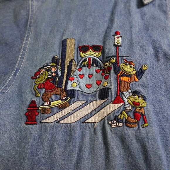 Vintage Let's Quizz Again Shirt Women's Small Blue Denim Embroidered Button Up - Picture 4 of 13